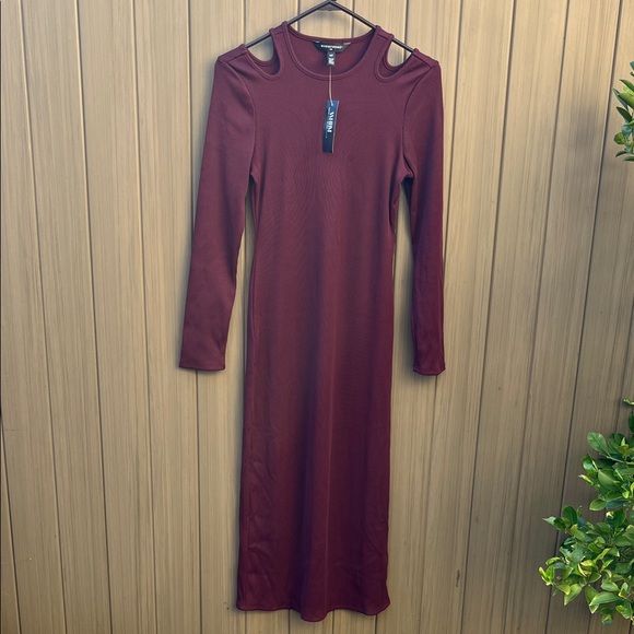 WHBM® FORME Rib Long Sleeve Cutout Midi Dress Stretch Medium Petite Port New - Picture 2 of 9